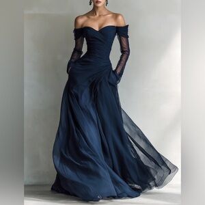 Off-Shoulder Navy Evening Gown